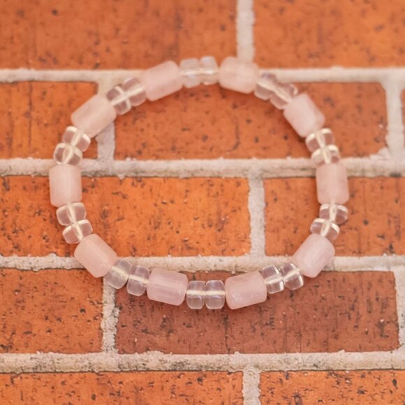 7 inch, Vintage Pink Rose Quartz Stones Beaded Bracelet - W24 - Picture 1 of 3